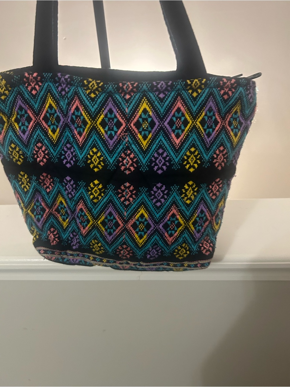 Boho Diamond-Embroidered Hobo Bag - Black with Teal, Pink & Yellow Accents
